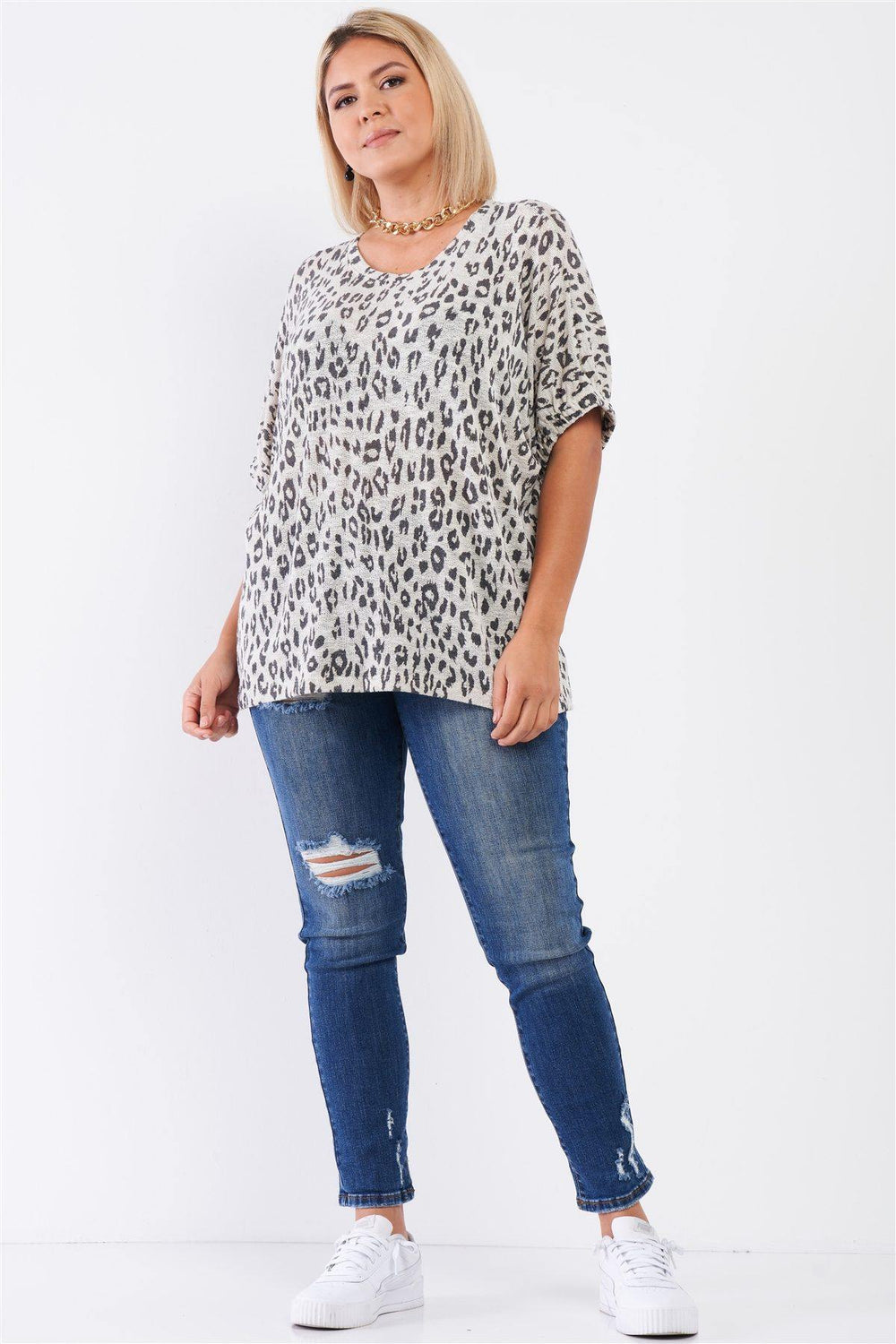 Plus Light Grey Leopard Print Relaxed Round Neck Top - bulkybox