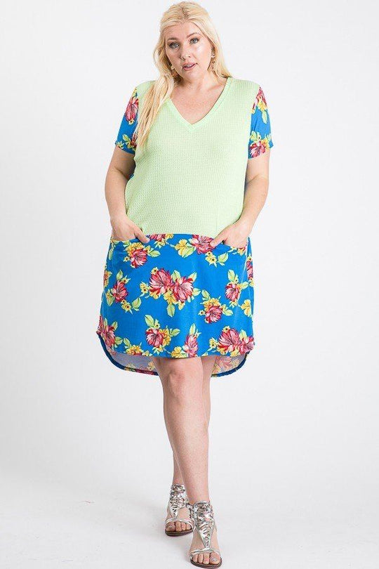 Short Sleeve Floral Blocked Midi Dress With Front Pocket