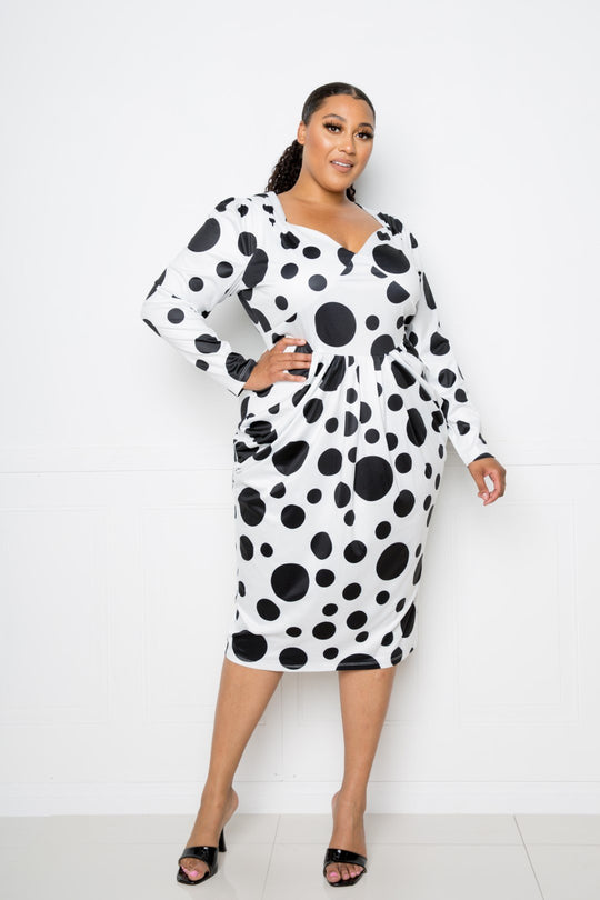 Polka Dot Drop Waist Ruched Midi Dress