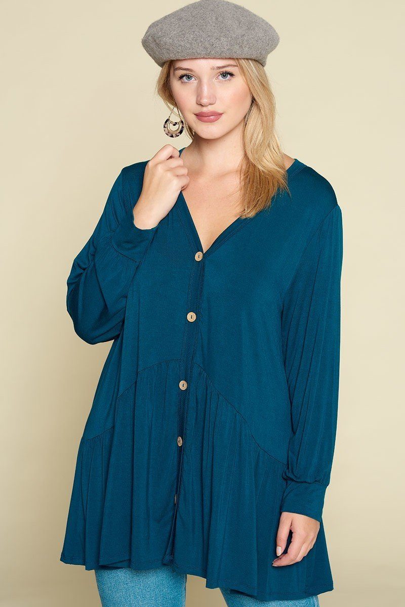 Plus Size Solid Heavy Rayon Modal Jersey Faux Button Up