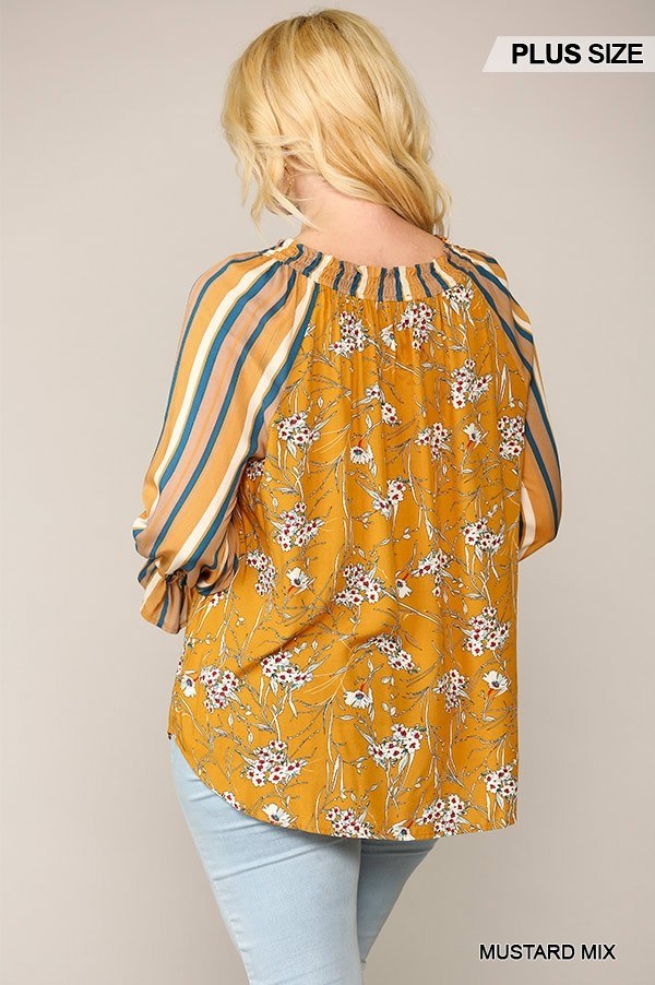 Print Mixed Peasant Smocked Top