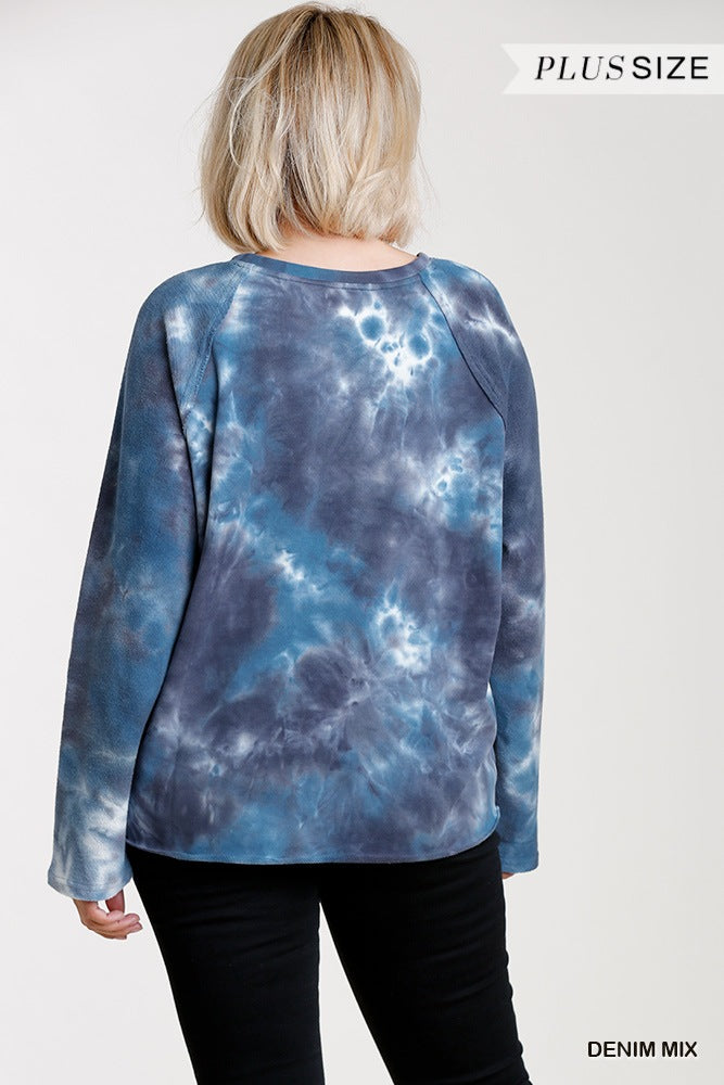 French Terry Tie-dye Raglan Long Sleeve Top With Raw Hem