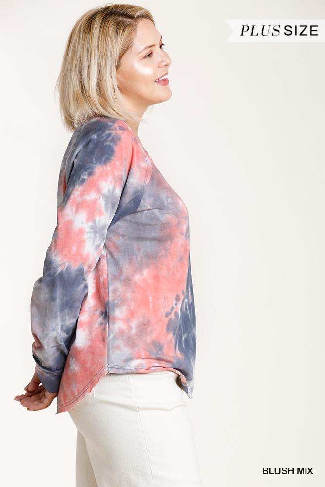 Tie-dye Button Front Long Raglan Sleeve Top With Raw Hem