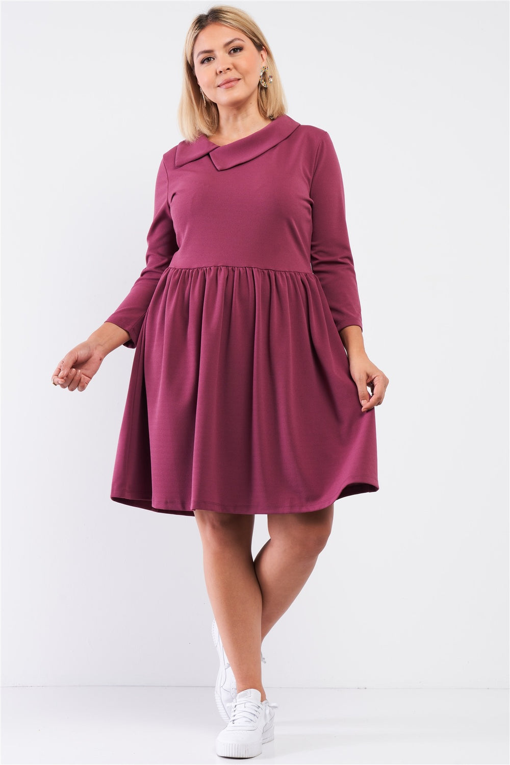 Plus Pleated Preppy Fit & Flare Long Sleeve Asymmetrical Peter Pan Collar Mini Dress