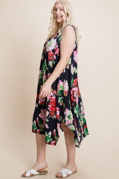 Plus Size Floral Bulgari Printed Tank Midi Dress With Asymmetrical Hem