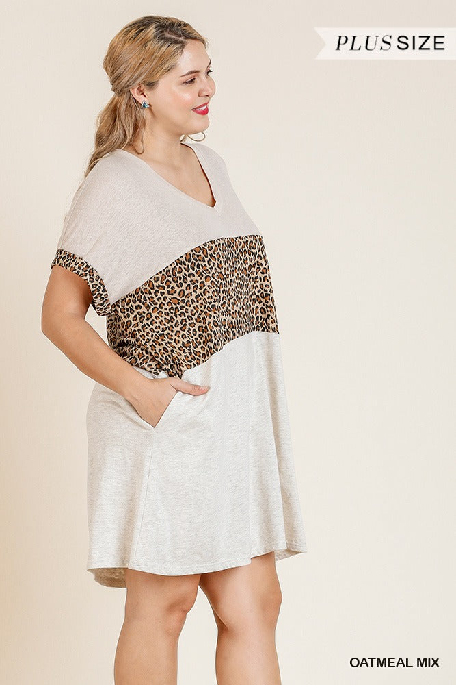 Linen Blend Short Folded Sleeve Animal Print Colorblocked V-neck Dress With Pockets