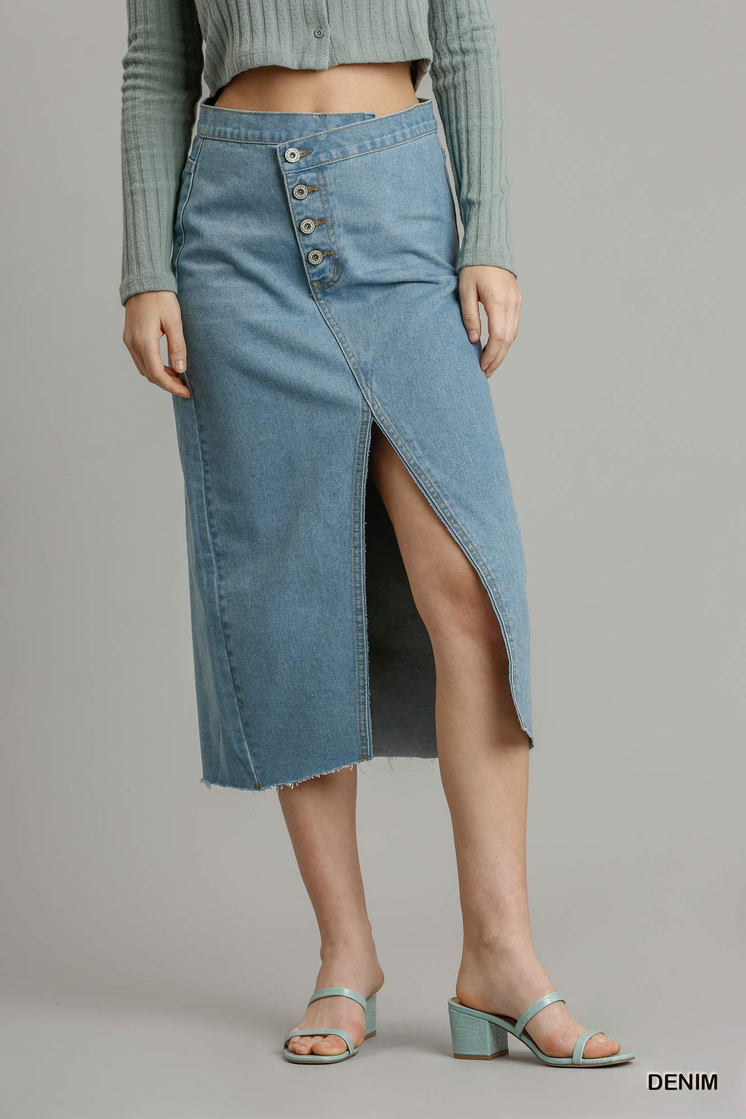 Asymmetrical Waist And Button Up Front Split Denim Skirt With Back Pockets And Unfinished Hem