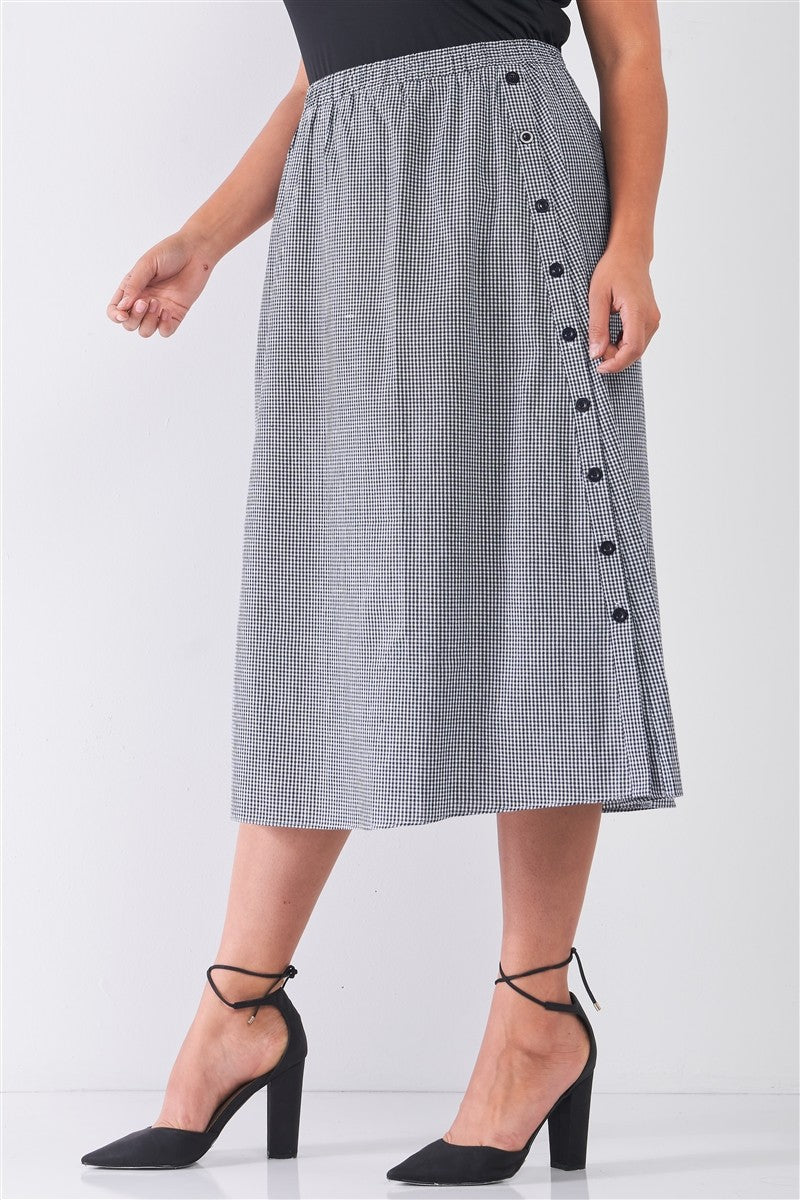 Plus Size Black Gingham Print Side Button Midi Skirt