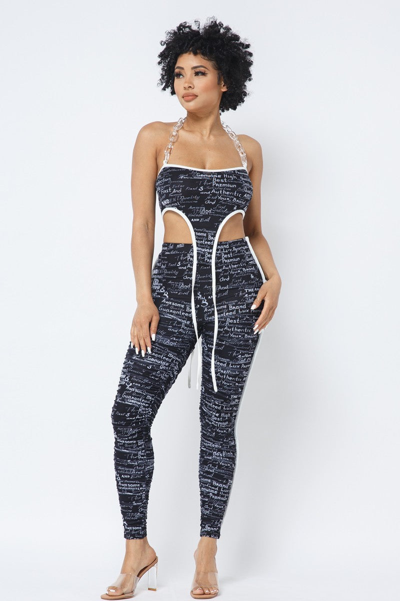 Mesh Print Crop Top With Plastic Chain Halter Neck With Matching Leggings