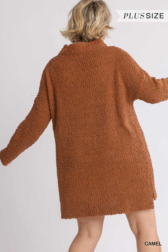 High Cowl Neck Bouclé Long Sleeve Sweater Dress