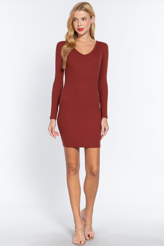 Long Slv V-neck Mini Rib Dress