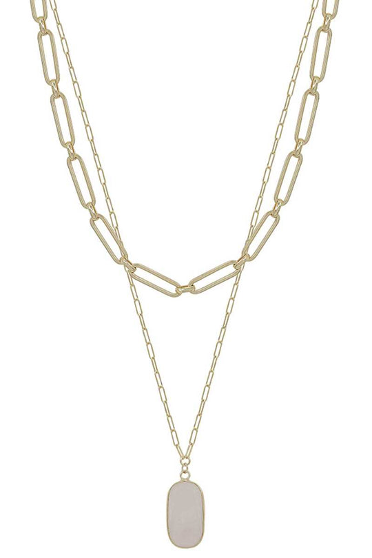 2 Layered Metal Chain Stone Pendant Necklace