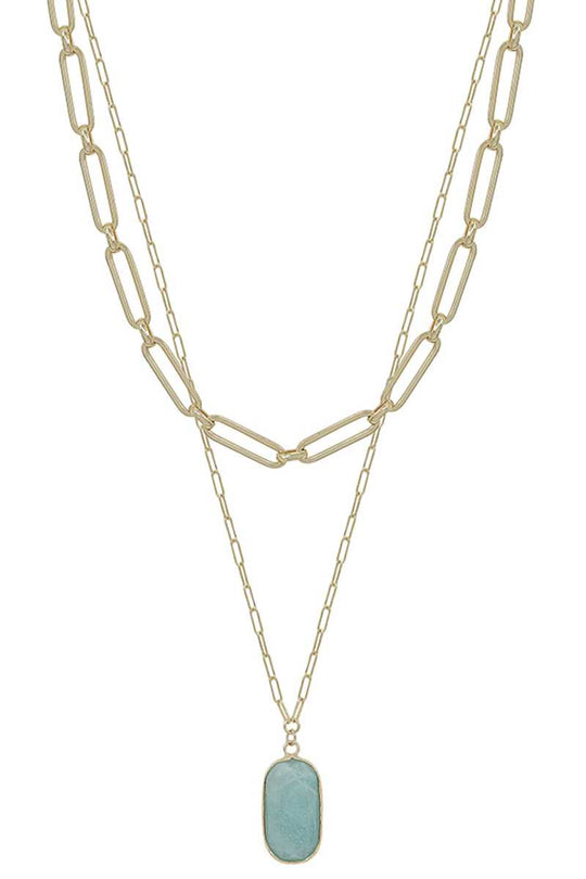 2 Layered Metal Chain Stone Pendant Necklace