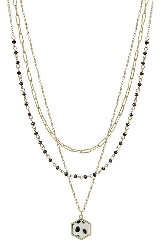 3 Layered Metal Crystal Bead Chain Hexagon Leopard Pendant Necklace