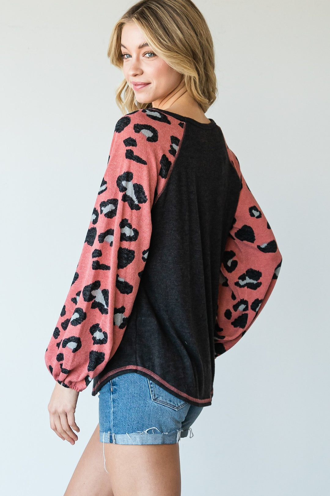 Round Neckline And Animal Print Color Block Top