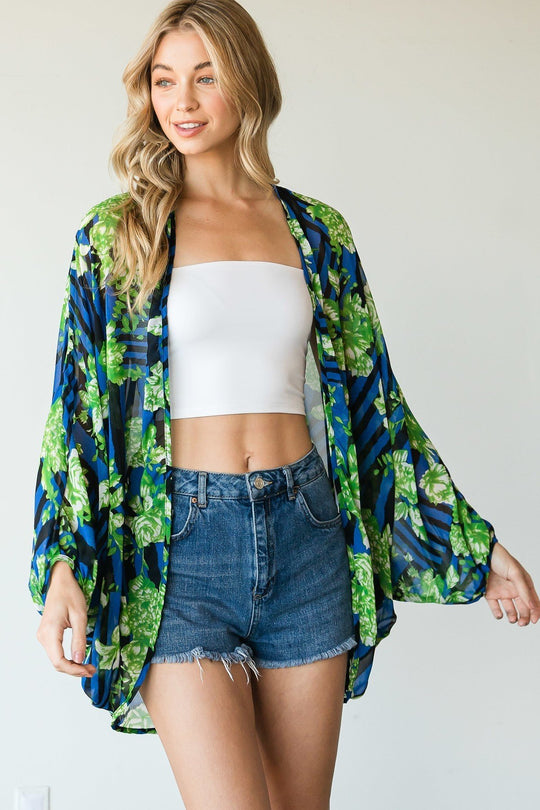 Stripes And Floral Print Lightweight Kimono