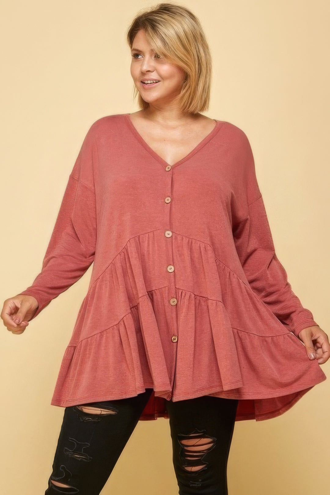 Plus Size Solid Long Sleeves Button Up Swing Tunic Top With Ruched Detail