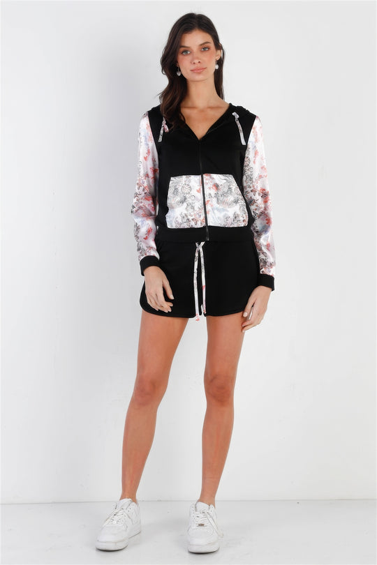 Black & Multi Color Print Colorblock Zip-up Hooded Top & Short Set