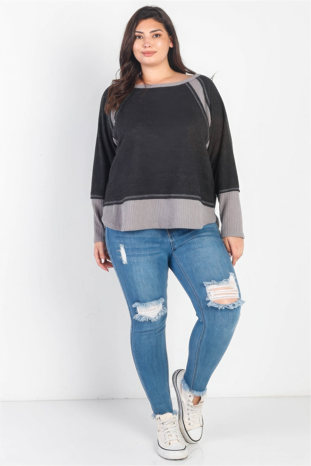 Plus Charcoal & Grey Colorblock Waffle Knit Long Sleeve Top