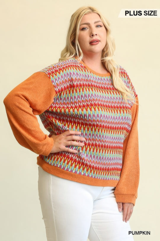 Novelty Knit And Solid Knit Mixed Loose Top With Drop Down Shoulder