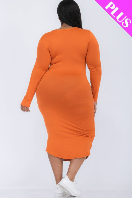 Plus Size Split Neck Long Sleeve Midi Dress