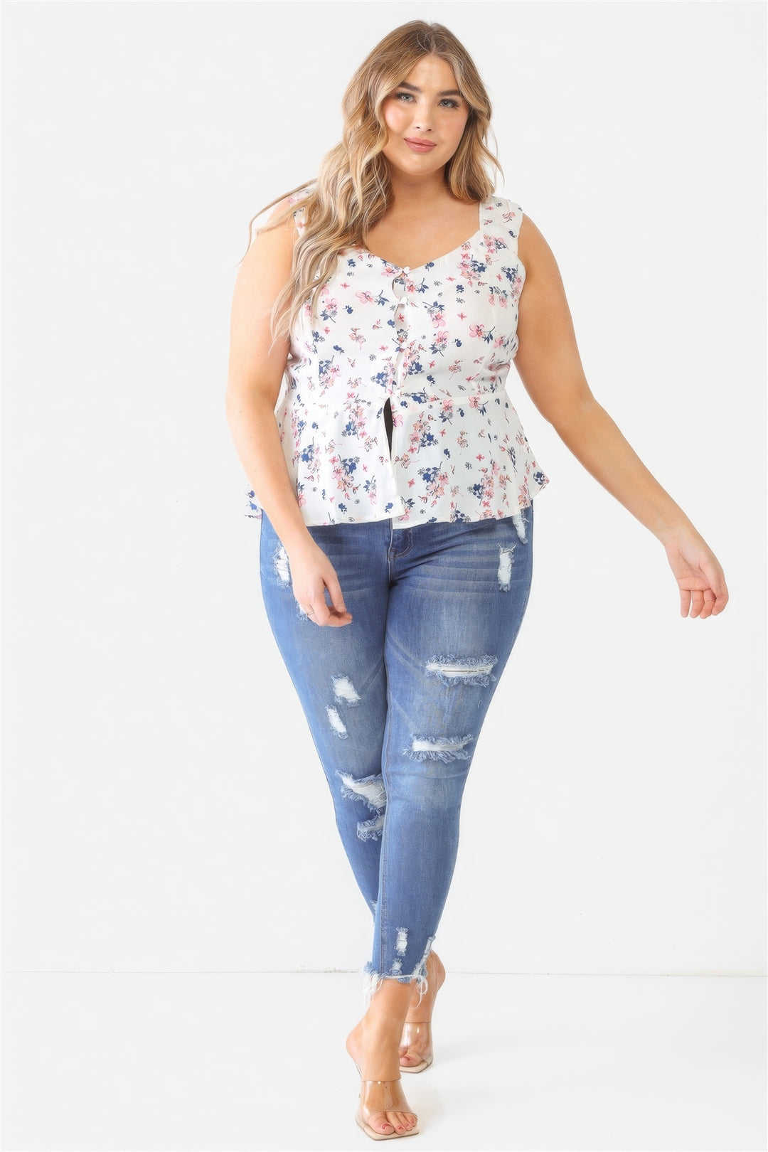 Plus Floral Button-up Sleeveless Flare Hem Top