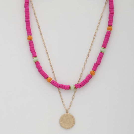 Coin Wood Bead Layered Necklace