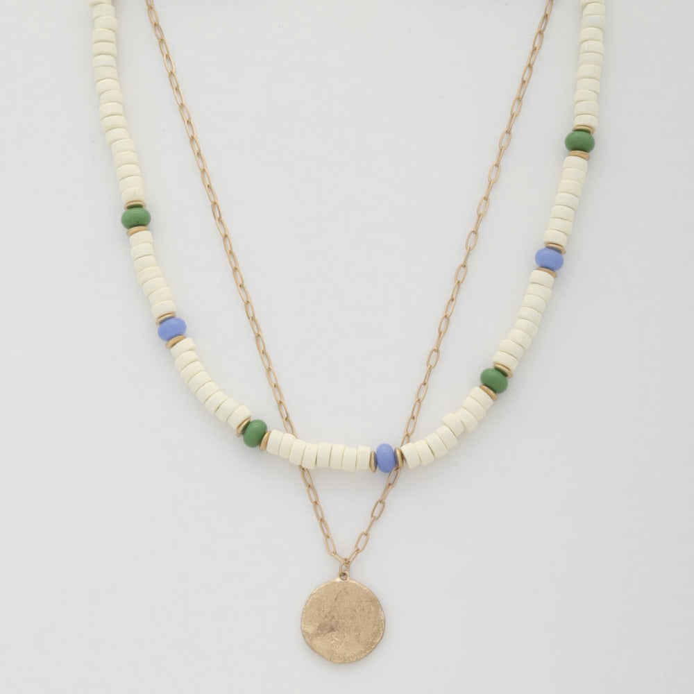 Coin Wood Bead Layered Necklace