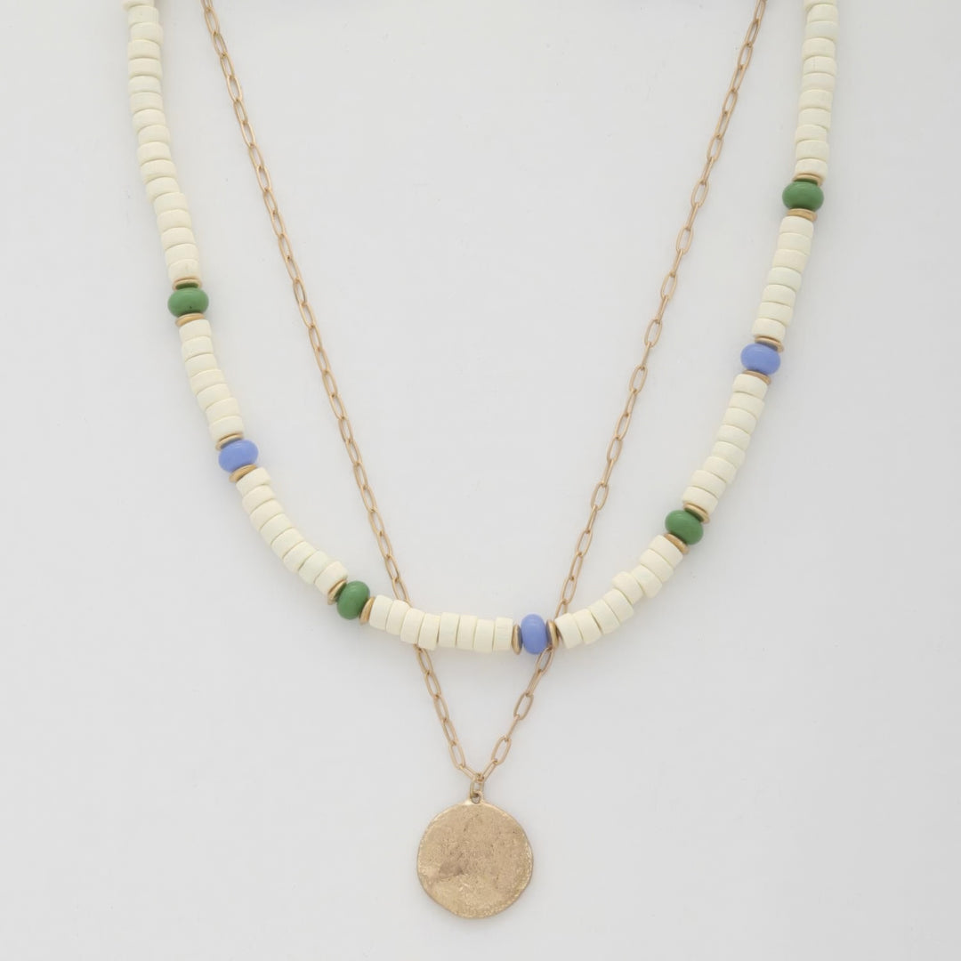 Coin Wood Bead Layered Necklace