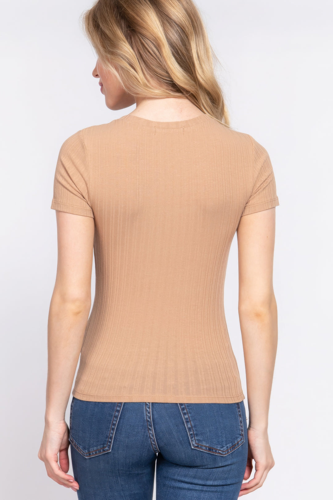 Short Slv Crew Neck Variegated Rib Knit Top