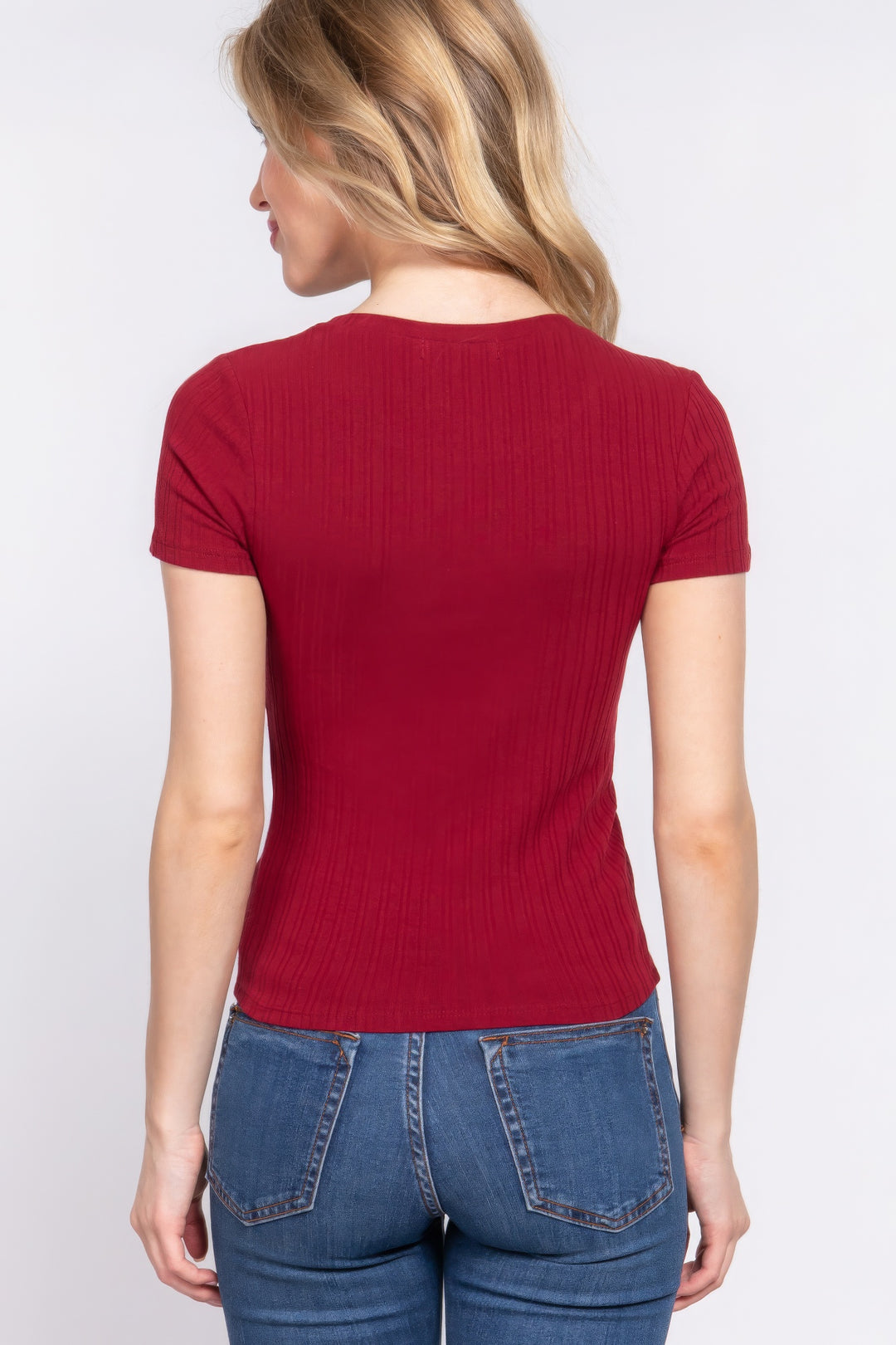 Short Slv Crew Neck Variegated Rib Knit Top