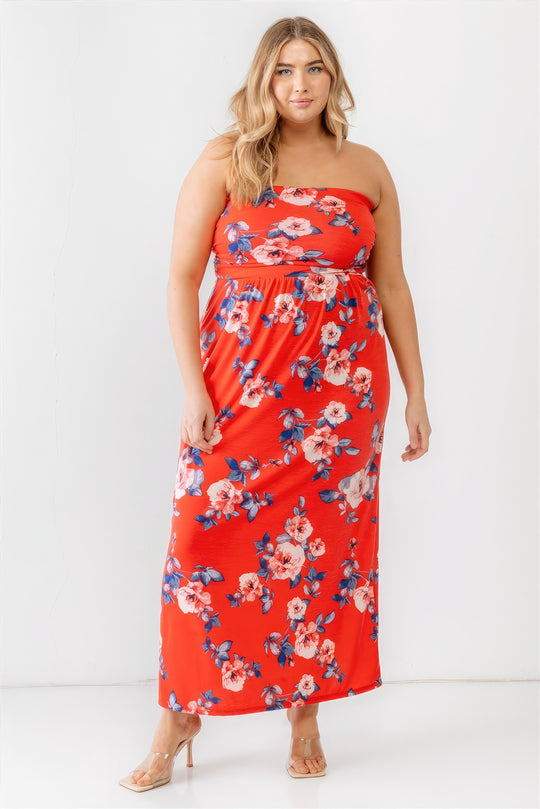 Plus Red Rose Print Ruched Strapless Midi Dress