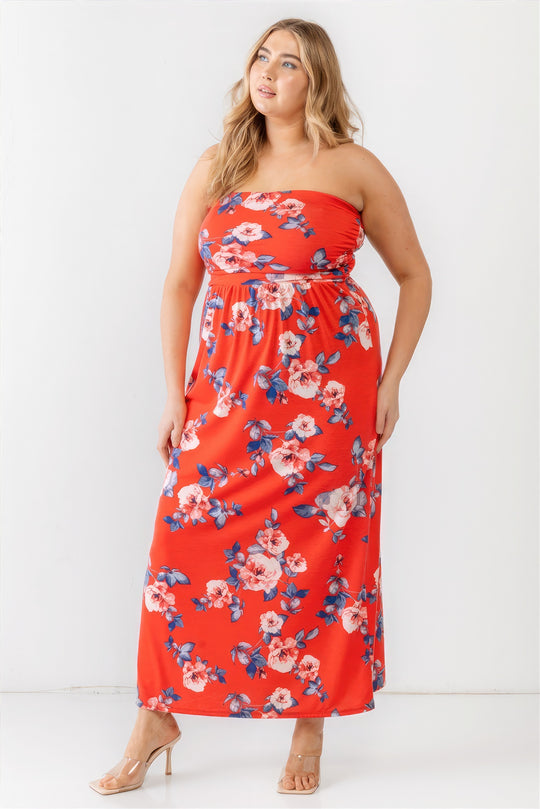 Plus Red Rose Print Ruched Strapless Midi Dress