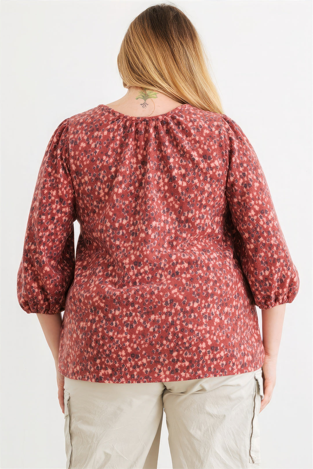 Plus Burgundy Floral V-neck Midi Sleeve Soft To Touch Top