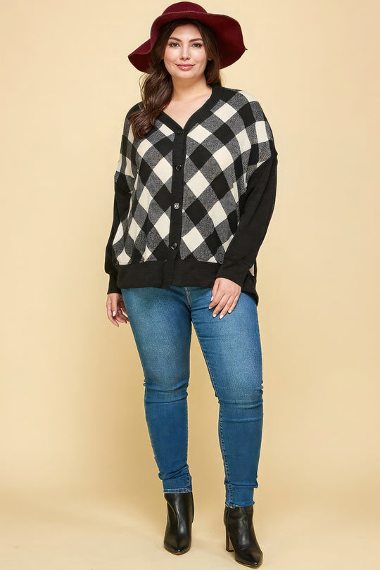 Plus Size Buffalo Plaid Knit Button Up Oversize Cardigan