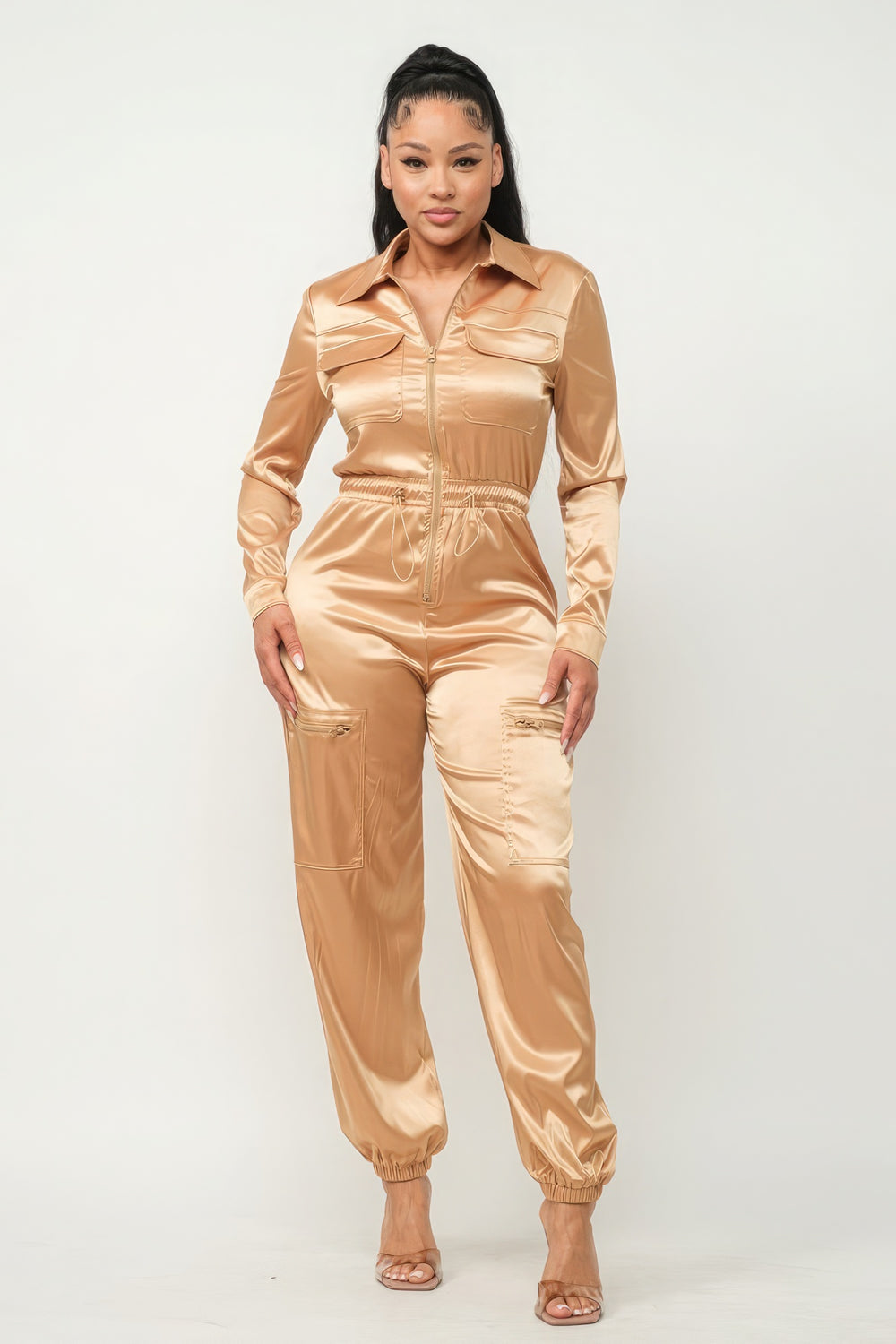 Front Zipper Pockets Top And Pants Jumpsuit