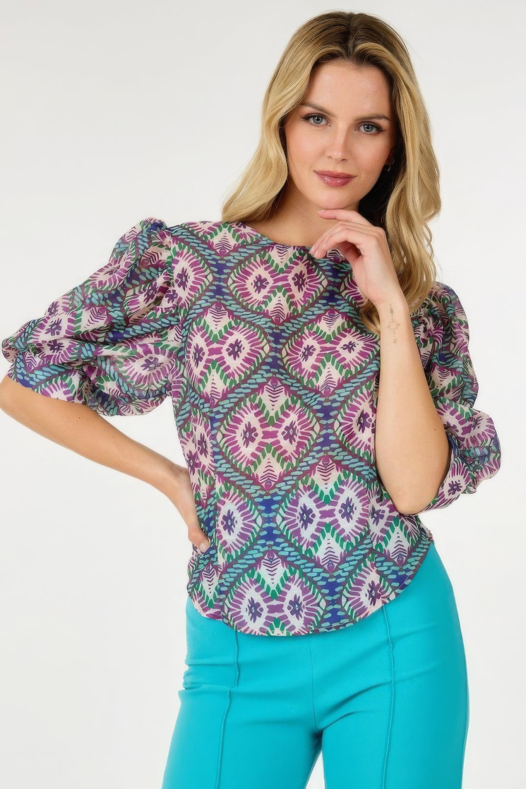 Puff Sleeve Multi-print Top