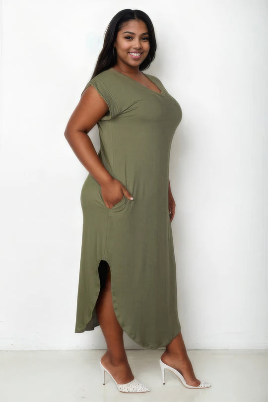 Plus Size Hidden Pocket Batwing Sleeve V Neck Long Dress