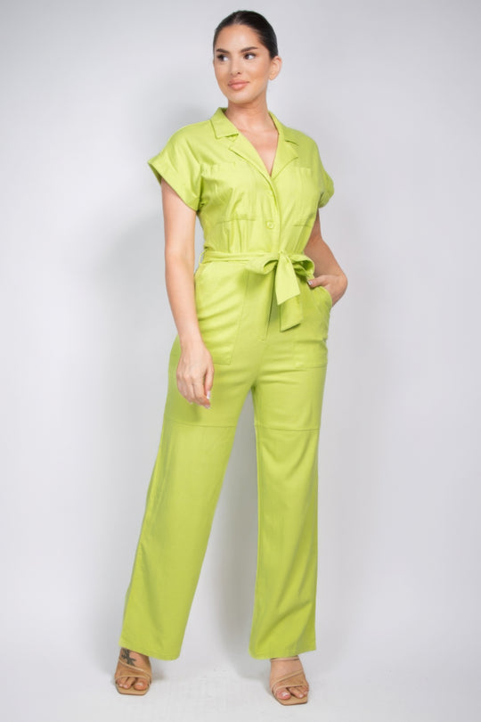 Belted Button-down Linen Jumpsuit