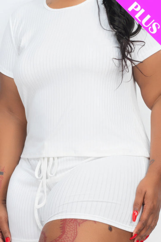 Plus Size Ribbed Short Sleeve Top&shorts Set