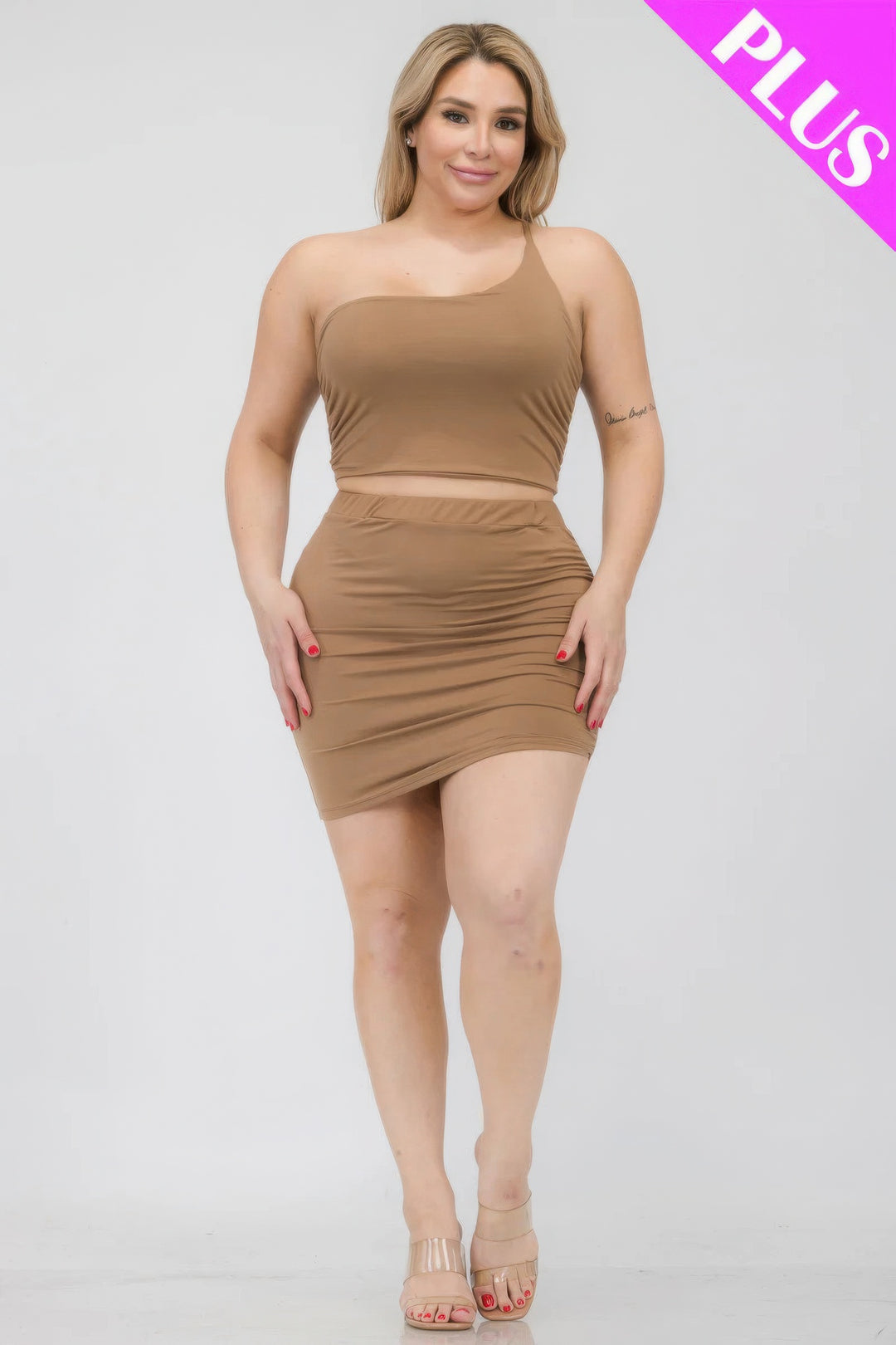 Plus Size One Shoulder Ruched Crop Top & Mini Skirt Set