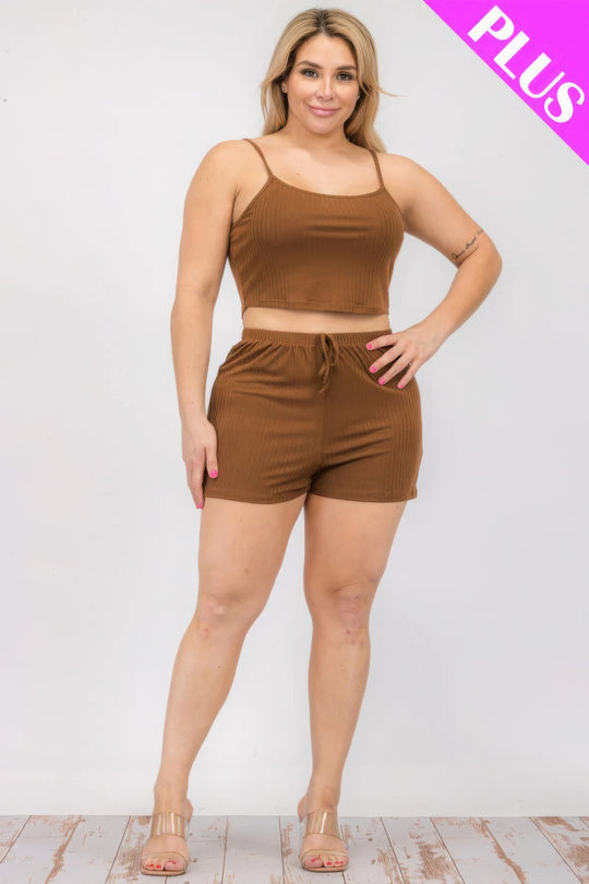 Plus Size Solid Ribbed Cami Top And Shorts Set