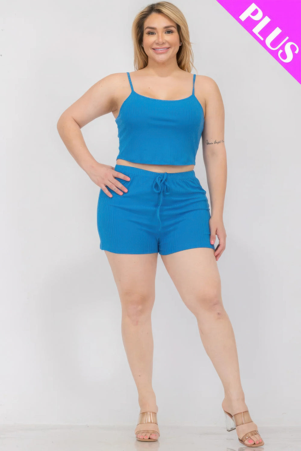 Plus Size Solid Ribbed Cami Top And Shorts Set