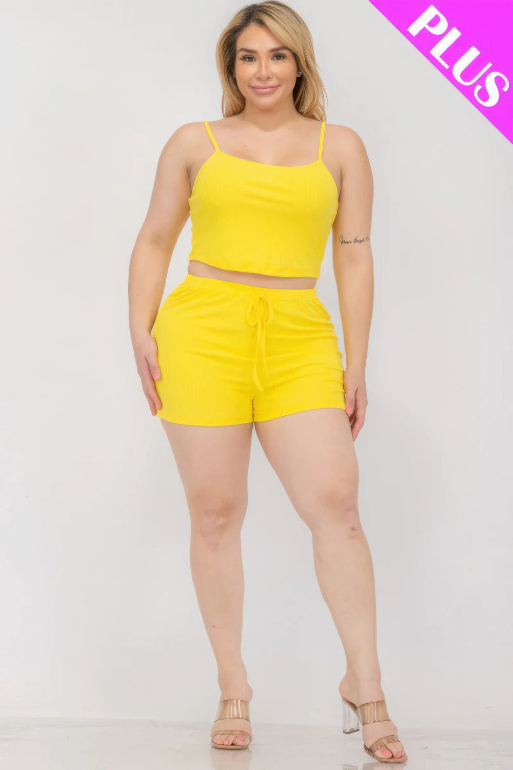 Plus Size Solid Ribbed Cami Top And Shorts Set