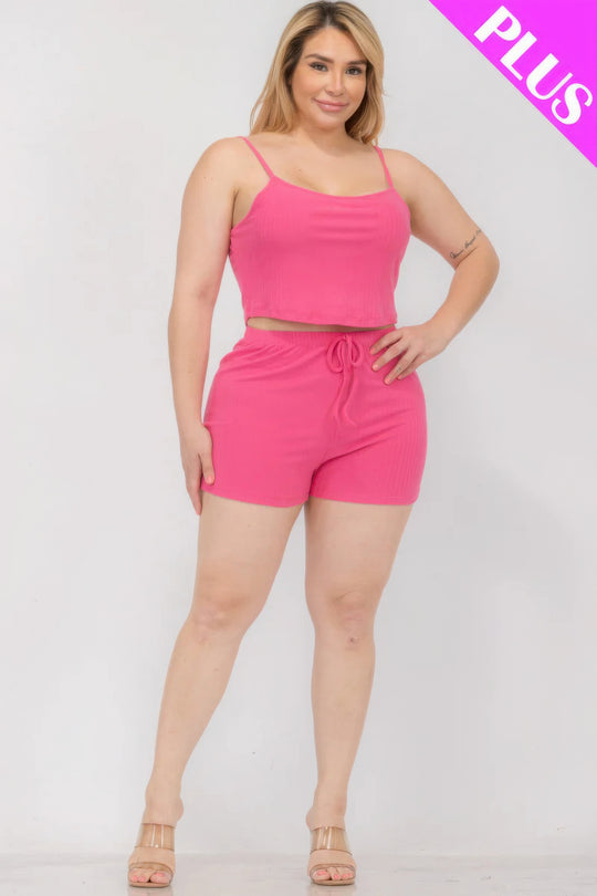 Plus Size Solid Ribbed Cami Top And Shorts Set