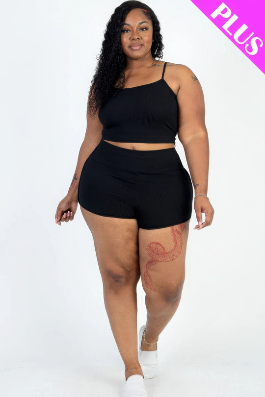 Plus Size Ribbed Cami Crop Top & Ruched Shorts Set