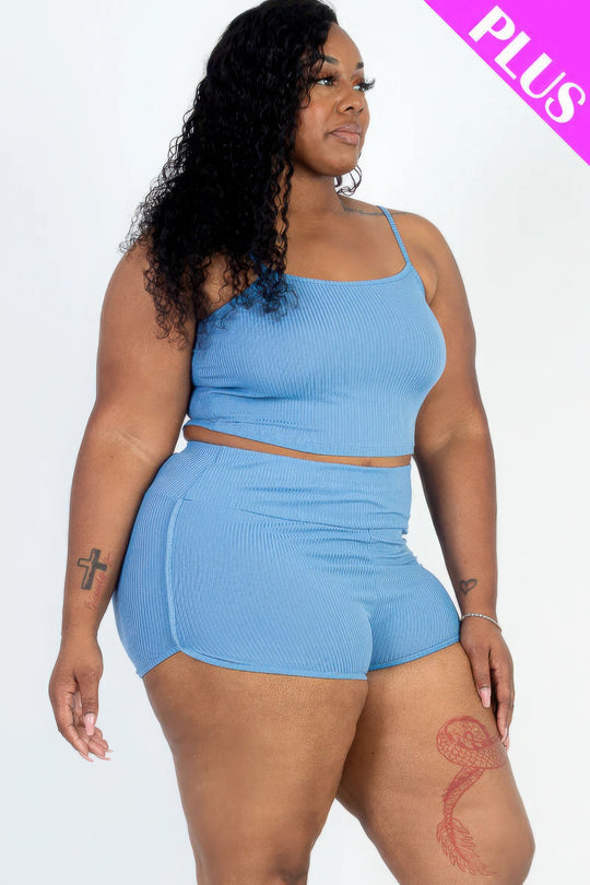 Plus Size Ribbed Cami Crop Top & Ruched Shorts Set