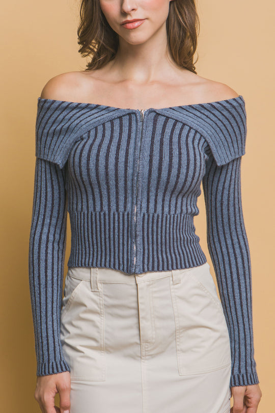 Ribbed bardot zip up long sleeve