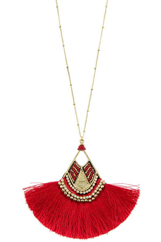 Mix jewel bead fringe tassel fan pendant long necklace