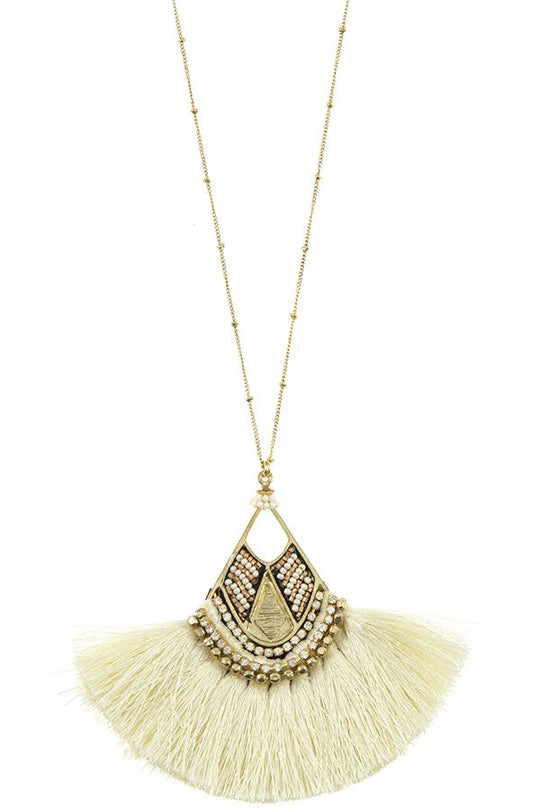 Mix jewel bead fringe tassel fan pendant long necklace